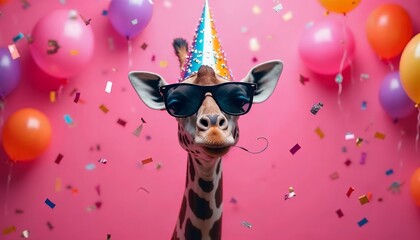 Giraffe Birthday Celebration: A Festive Portrait of a Cool Giraffe with Party Hat and Sunglasses Amidst Balloons and Confetti