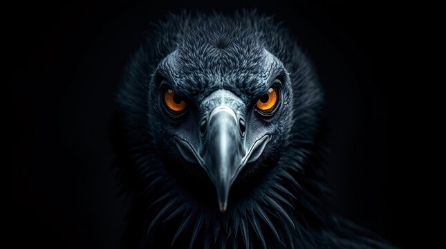 Eerie creepy photography of an Ethiopian vulture, dark tones, unsettling details, high contrast, dark plumage, sharp yellow eyes, intense gaze.