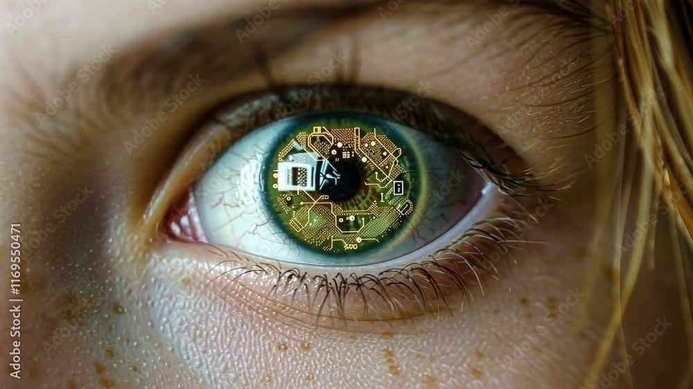 Leinwandbilder A close-up view highlights an eye featuring intricate circuit designs within the iris. The reflection symbolizes the connection between human perception and advanced technology in a modern context.