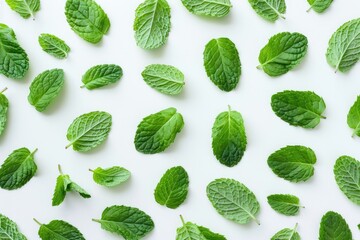 Fresh mint leaves pattern isolated on white background  top view. Close up of peppermint  peppermint