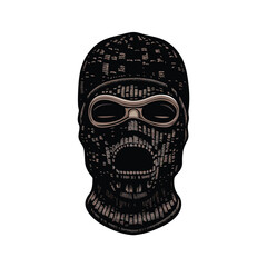 A detailed ski mask in dark knit fabric showing the mouth and eyes with goggles.