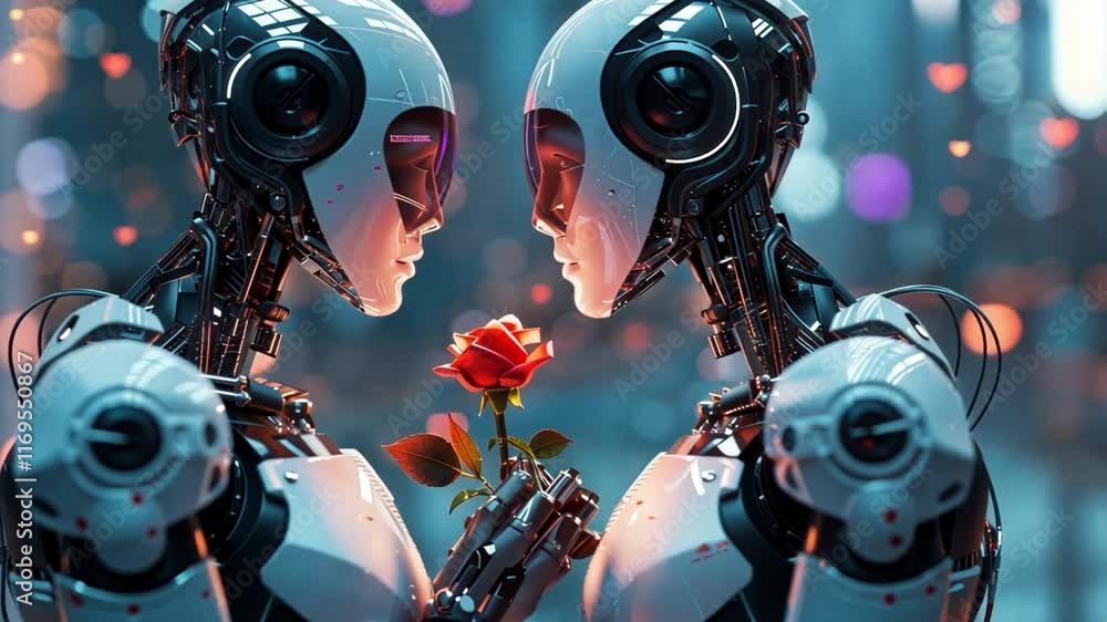 Poster two humanoid robots stand facing each other in a vibrant, futuristic city, exchanging a delicate ros