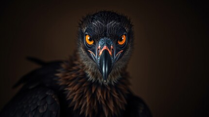 Fototapeta premium High-contrast artistic portrait photography of an Ethiopian vulture, dark brown plumage, keen yellow eyes, piercing stare, soft muted background, chiaroscuro lighting, deep shadows.