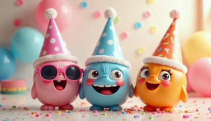 Obraz premium Three Cute Cartoon Characters Celebrating a Birthday Party with Balloons and Confetti