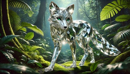 A diamond fox blends into the lush jungle, showcasing its shimmering fur amidst vibrant green foliage.