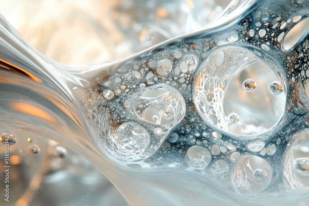 Poster abstract image of flowing, translucent substance with a porous, bubbly texture, resembling a network