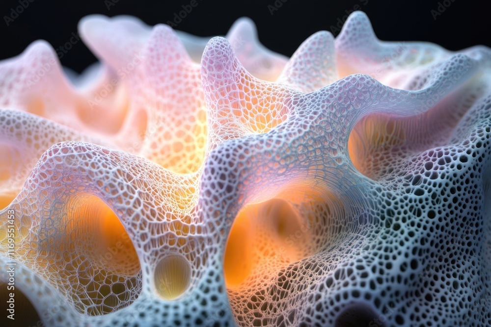 Poster abstract 3d render of a complex, organic network structure with glowing orange accents.