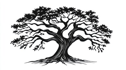 Fototapeta premium Majestic Oak Tree Silhouette Showing Roots and Branches