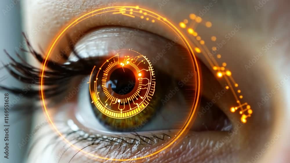 Poster a close-up of an eye surrounded by luminous circuit designs, illustrating the fusion of biology and 