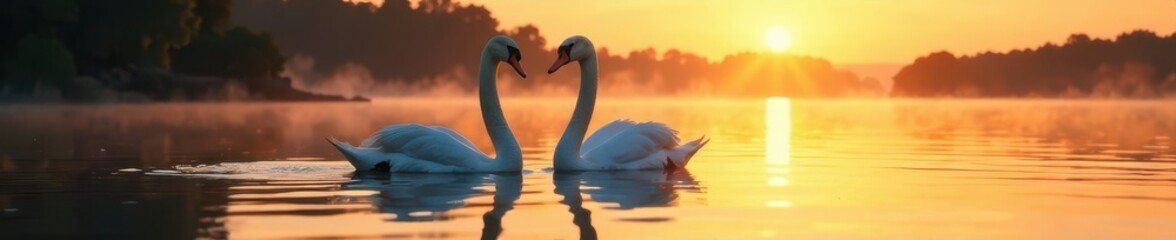 Naklejka premium Pair of majestic swans swimming on a pristine lake at sunset , golden hour, evening, majestic