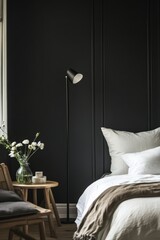 Stylish bedroom with dark walls and modern lighting showcasing fresh flowers and cozy decor