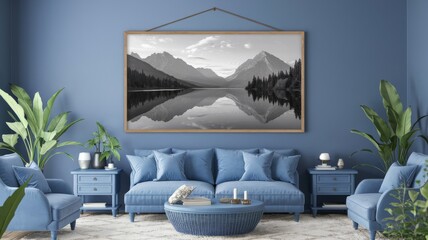 Fototapeta premium Interior design of a blue room with a nature-themed artwork on the wall