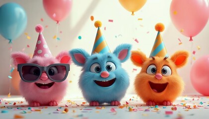 Fototapeta premium Adorable Fluffy Friends Celebrate Birthday Bash with Balloons and Confetti
