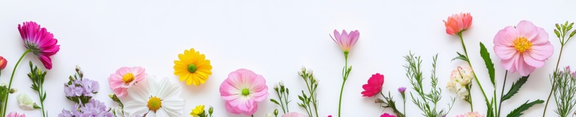 Fototapeta premium Colorful spring flowers bordered by a white background - the border of nature. Vibrant spring flowers along the bottom of a pure white background. Spring concept with space for text.