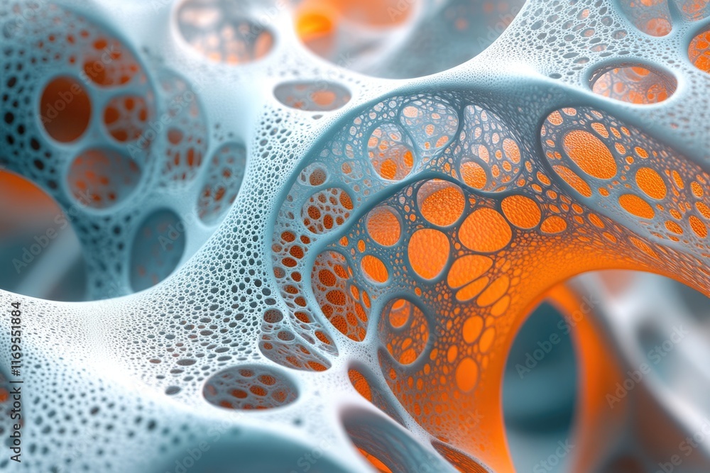 Aufkleber abstract 3d render of a complex, interconnected, porous structure with teal and orange hues.
