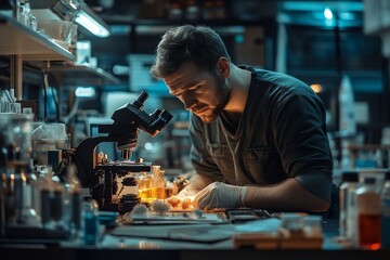 researcher using microscope analyse cell in medical lab, Generative AI