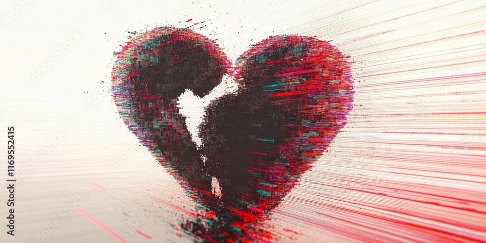 Aufkleber heart-shaped glitch effect with vibrant digital stripes creating a unique artistic representation of