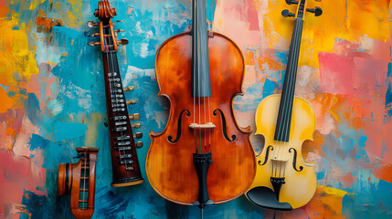 Naklejka premium Vibrant music instruments still life art gallery colorful painting creative environment artistic perspective. Crescendo. Illustration