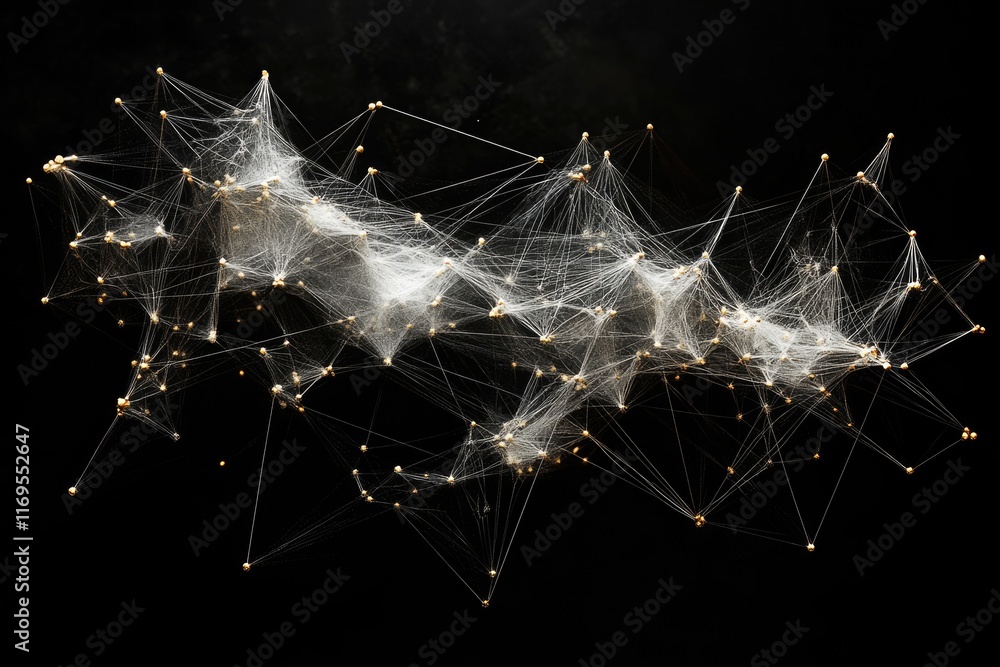 Aufkleber intricate spiderweb-like structure with numerous interconnected nodes, glowing faintly against a dar