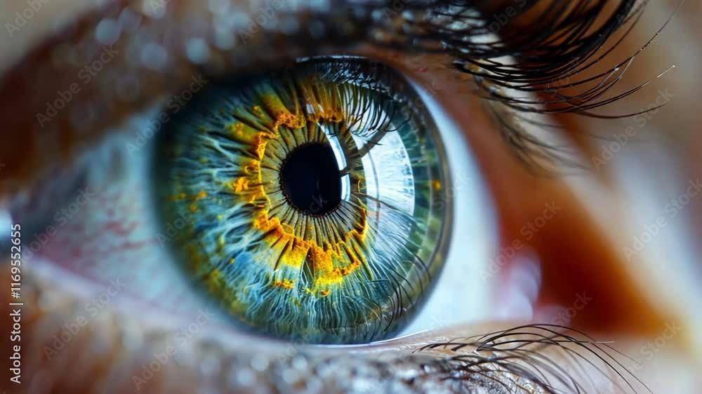 Poster a close-up of a human eye reveals striking patterns and colors that mimic electronic circuits.