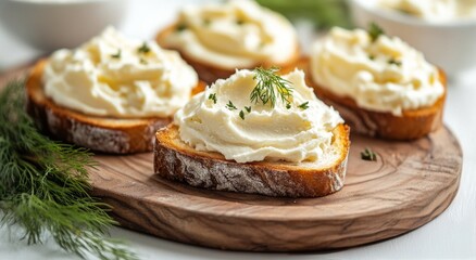 Delicious creamy spread on toasted bread topped with fresh herbs for a delightful appetizer