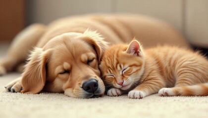 Golden Retriever and Ginger Kitten Napping Together Peaceful Resting Animals Adorable Companionship