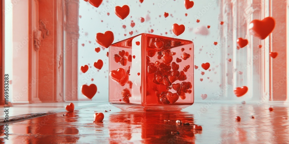 Poster floating glass cube filled with heart-shaped bubbles in a minimalist space with a soft pink and whit