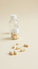 Magnesium Glycinate dietary supplement capsules and bottle on a light wood surface.