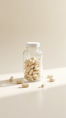 Magnesium Glycinate capsules in a clear glass jar on a wooden surface.