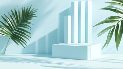 Fototapeta premium Light Blue Minimalist mockup display with geometric shapes and tropical leaves