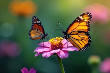 Fototapeta premium Two butterflies perch on a colorful flower stem, bloom, wings, summer