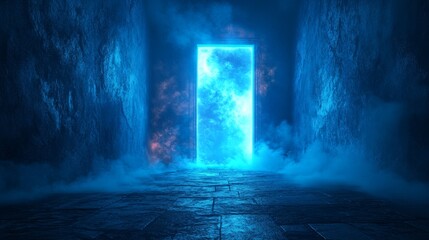 A blue room with a glowing blue door