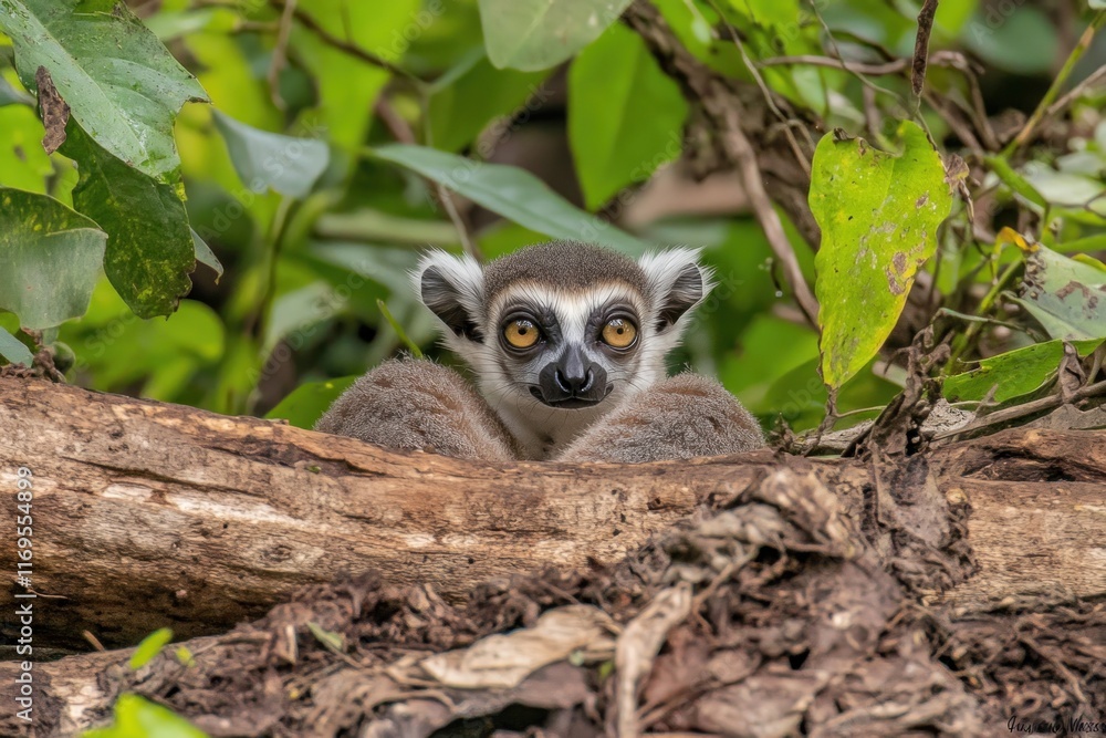 Poster ring-tailed lemur peering from behind a fallen log in lush green foliage.