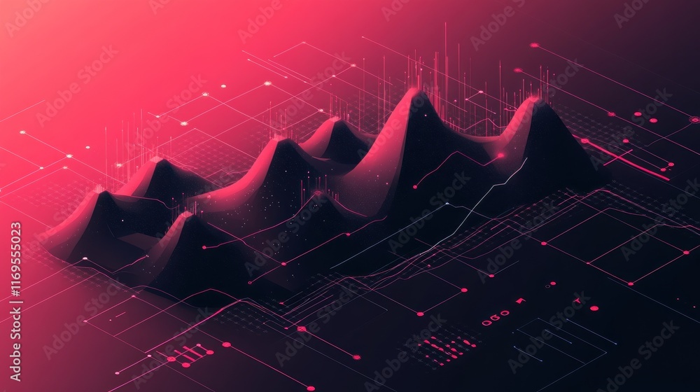 Leinwandbilder Abstract 3D data visualization with peaks and lines on a dark red background.