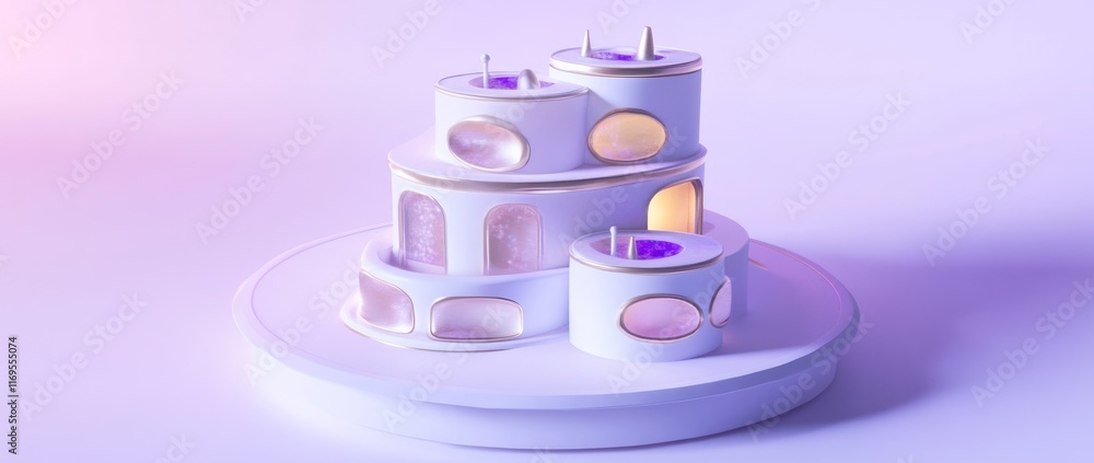 Aufkleber Abstract 3D rendering of a futuristic, layered building model with illuminated windows on a platform.