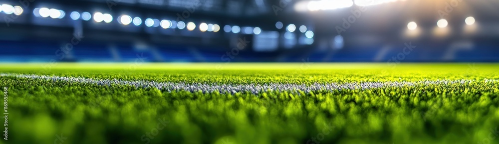 Poster close-up of a soccer field with stadium lights in the background.