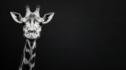 Obraz premium A monochrome image of a giraffe's extended neck and head