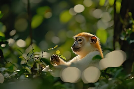 Golden-headed langur monkey sitting in lush green forest, sunlight bokeh.
