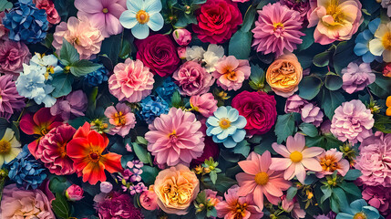 A beautiful floral flower plant wallpaper featuring colorful blossom and botanical pattern background, spring decoration, bringing a vintage yet modern touch to any garden inspired decor