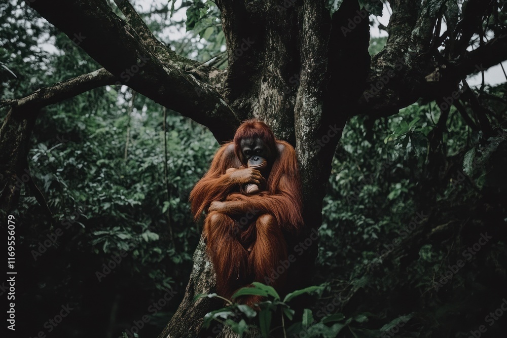 Poster orangutan sitting in a tree in a lush green rainforest.