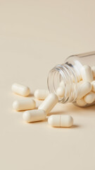 Magnesium Glycinate supplement capsules falling out of a clear glass bottle with droplets on side.