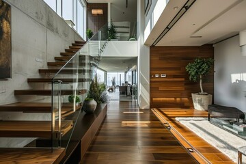 Fototapeta premium Modern Architectural Design: Interior Staircase with Glass Panels and Parquet Flooring