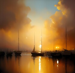 Golden Sunset Over a Tranquil Harbor: Sailboats Reflecting in Calm Waters Amid Warm, Radiant Clouds