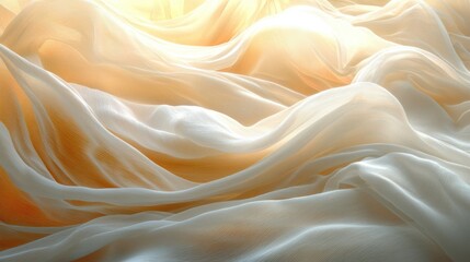 Fototapeta premium Sunlit sheer fabric drapes flowing indoors, soft background texture