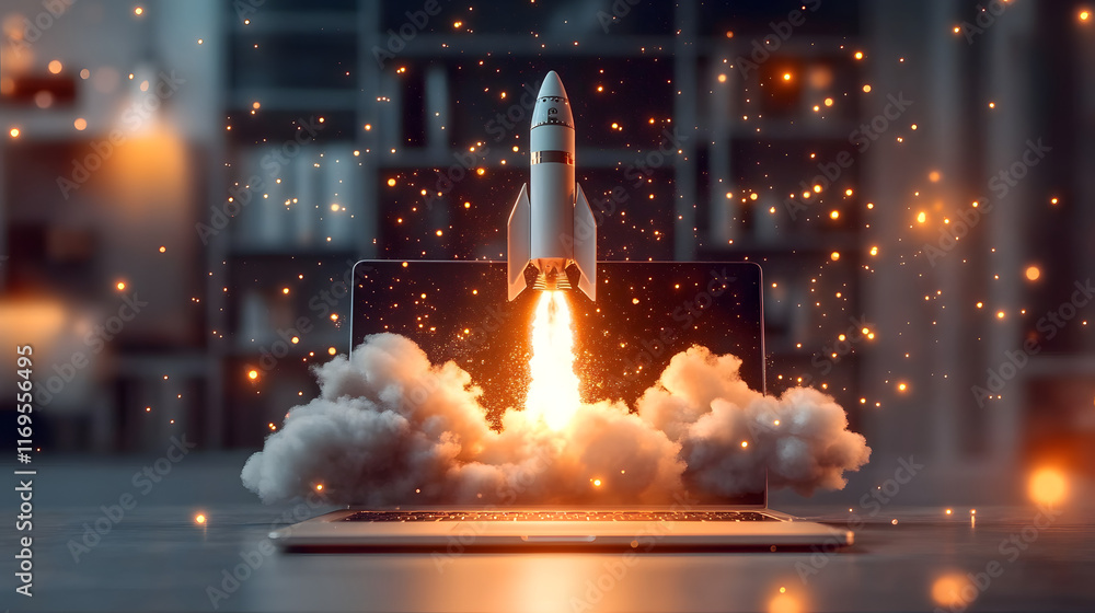 Poster rocket launch from laptop on office table to fly up in air. business startup new idea project develo