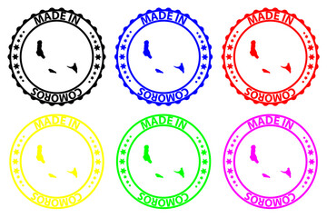 Made in Comoros - rubber stamp - vector, Union of the Comoros map pattern - black, blue, green, yellow, purple and red