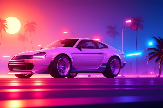 Neon-lit sports car under a retro sunset skyline with palm trees, glowing lights, and a vibrant vaporwave atmosphere