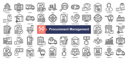 Procurement Management Icon Collection Set.Containing product, shopping, distributor, guarantee, value chain icon. Simple line style Vector Illustration.	