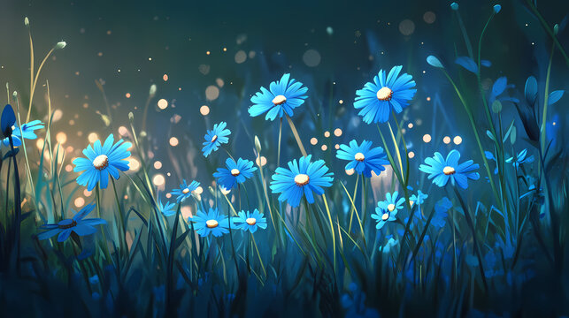 Flores de margarida azul florescendo crescendo no campo. Crescendo. Illustration
