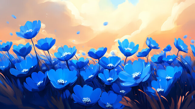 Flores de margarida azul florescendo crescendo no campo. Crescendo. Illustration